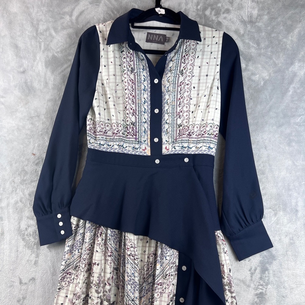 NNA ENJOY Maxi Dress Small Boho Modest Navy Mixed Print Asymmetrical Peplum - Picture 3 of 11